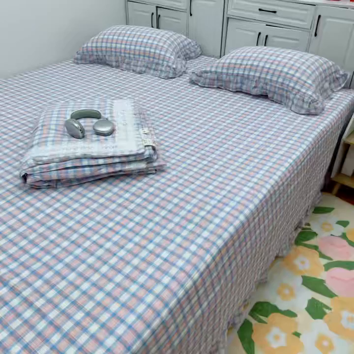 91家纺网 家纺一手货源 找家纺 暖居 2025新款支持定制尺寸全棉色织水洗棉格子系列大尺寸榻榻米农村大炕盖 紫格子