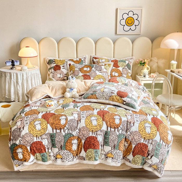 91家纺网 家纺一手货源 找家纺 阿亮家纺 2025新款高克重大包边菠萝格牛奶绒活性印染四件套 数绵羊