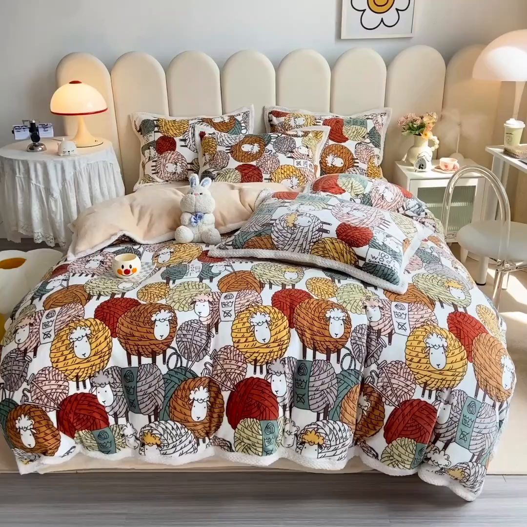 91家纺网 家纺一手货源 找家纺 阿亮家纺 2025新款高克重大包边菠萝格牛奶绒活性印染四件套 数绵羊