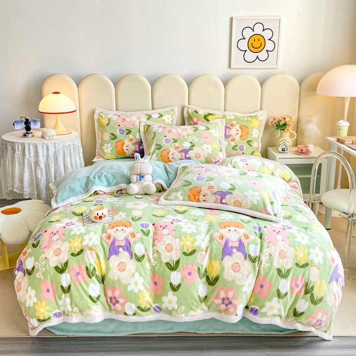 91家纺网 家纺一手货源 找家纺 阿亮家纺 2025新款高克重大包边菠萝格牛奶绒活性印染四件套 甜蜜梦境