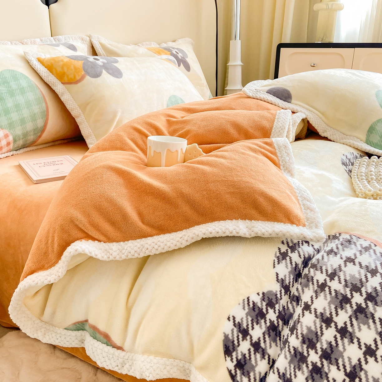 91家纺网 家纺一手货源 找家纺 阿亮家纺 2025新款高克重大包边菠萝格牛奶绒活性印染四件套 夏日礼盒