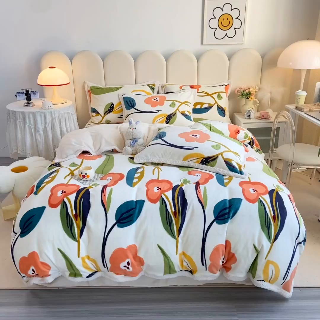 91家纺网 家纺一手货源 找家纺 阿亮家纺 2025新款高克重大包边菠萝格牛奶绒活性印染四件套 香蜜