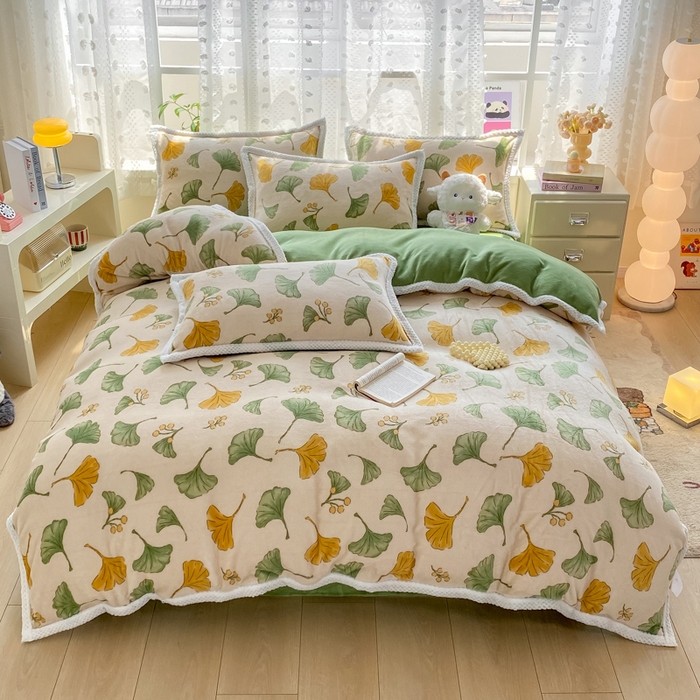 91家纺网 家纺一手货源 找家纺 阿亮家纺 2025新款高克重大包边菠萝格牛奶绒活性印染四件套 银杏叶