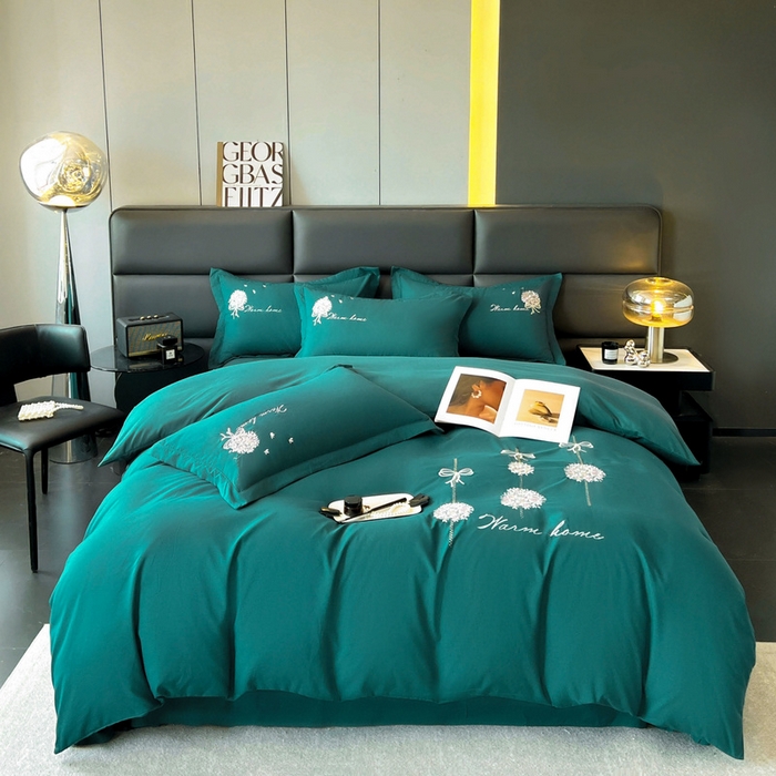 91家纺网 家纺一手货源 找家纺 韩后家纺 2025新款亲肤舒适纯色刺绣四件套-水墨青花系列 水墨青花-摩卡绿