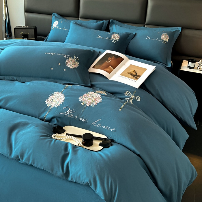 91家纺网 家纺一手货源 找家纺 韩后家纺 2025新款亲肤舒适纯色刺绣四件套-水墨青花系列 水墨青花-孔雀蓝