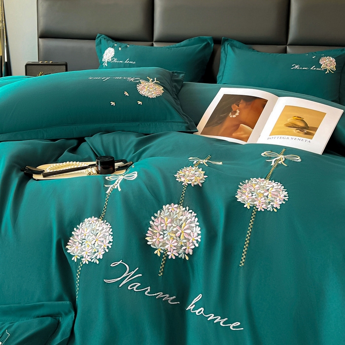 91家纺网 家纺一手货源 找家纺 韩后家纺 2025新款亲肤舒适纯色刺绣四件套-水墨青花系列 水墨青花-摩卡绿
