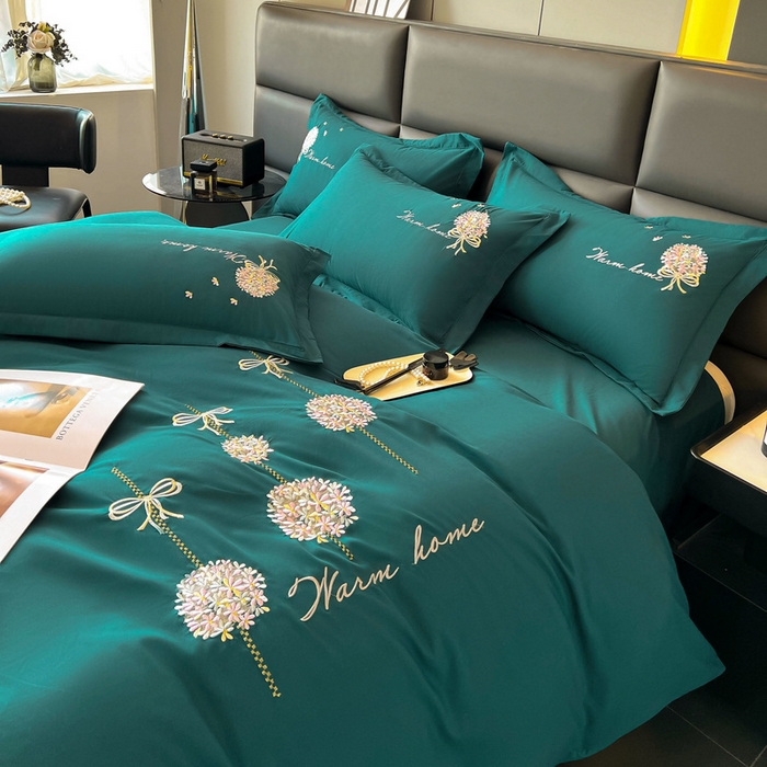 91家纺网 家纺一手货源 找家纺 韩后家纺 2025新款亲肤舒适纯色刺绣四件套-水墨青花系列 水墨青花-摩卡绿