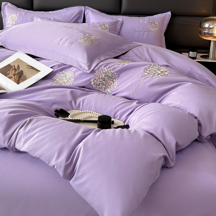 91家纺网 家纺一手货源 找家纺 韩后家纺 2025新款亲肤舒适纯色刺绣四件套-水墨青花系列 水墨青花-香芋紫