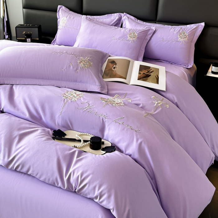 91家纺网 家纺一手货源 找家纺 韩后家纺 2025新款亲肤舒适纯色刺绣四件套-水墨青花系列 水墨青花-香芋紫