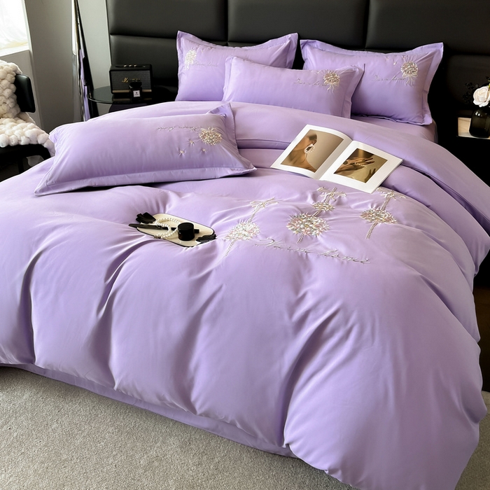 91家纺网 家纺一手货源 找家纺 韩后家纺 2025新款亲肤舒适纯色刺绣四件套-水墨青花系列 水墨青花-香芋紫