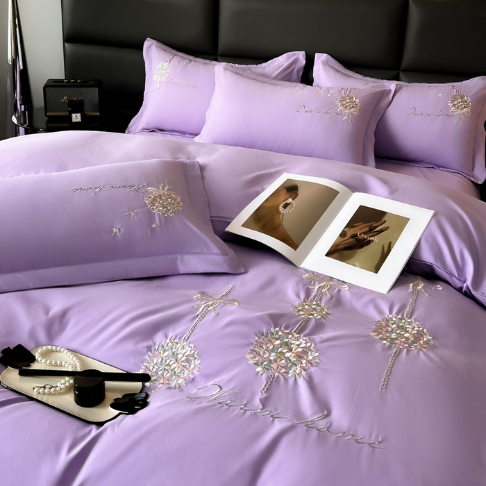 91家纺网 家纺一手货源 找家纺 韩后家纺 2025新款亲肤舒适纯色刺绣四件套-水墨青花系列 水墨青花-香芋紫