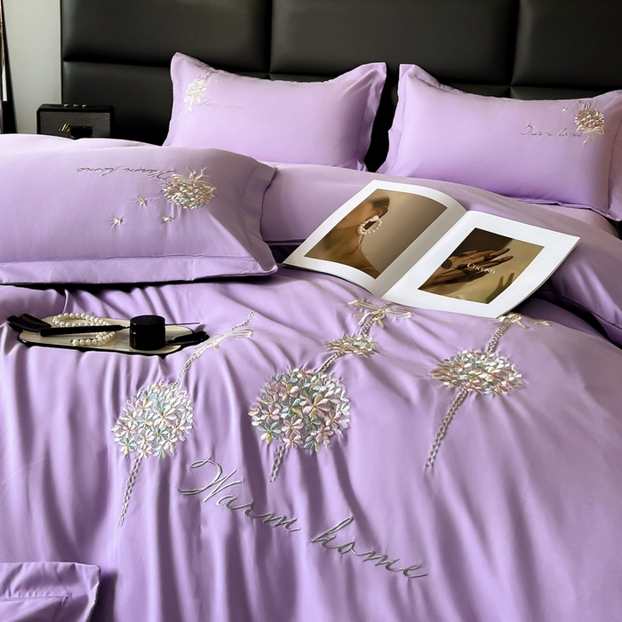 91家纺网 家纺一手货源 找家纺 韩后家纺 2025新款亲肤舒适纯色刺绣四件套-水墨青花系列 水墨青花-香芋紫