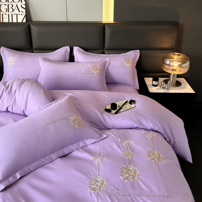 91家纺网 家纺一手货源 找家纺 韩后家纺 2025新款亲肤舒适纯色刺绣四件套-水墨青花系列 水墨青花-香芋紫