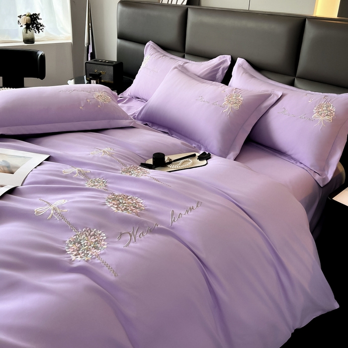 91家纺网 家纺一手货源 找家纺 韩后家纺 2025新款亲肤舒适纯色刺绣四件套-水墨青花系列 水墨青花-香芋紫