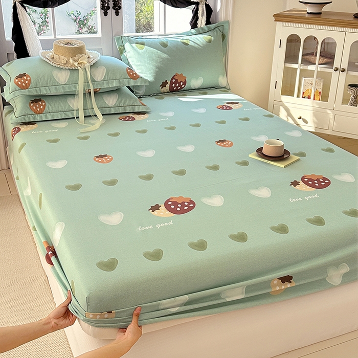 91家纺网 家纺一手货源 找家纺 家贝爱 2025新款加厚生态全棉磨毛床笠 爱心莓