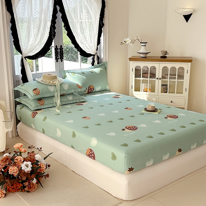 91家纺网 家纺一手货源 找家纺 家贝爱 2025新款加厚生态全棉磨毛床笠 爱心莓