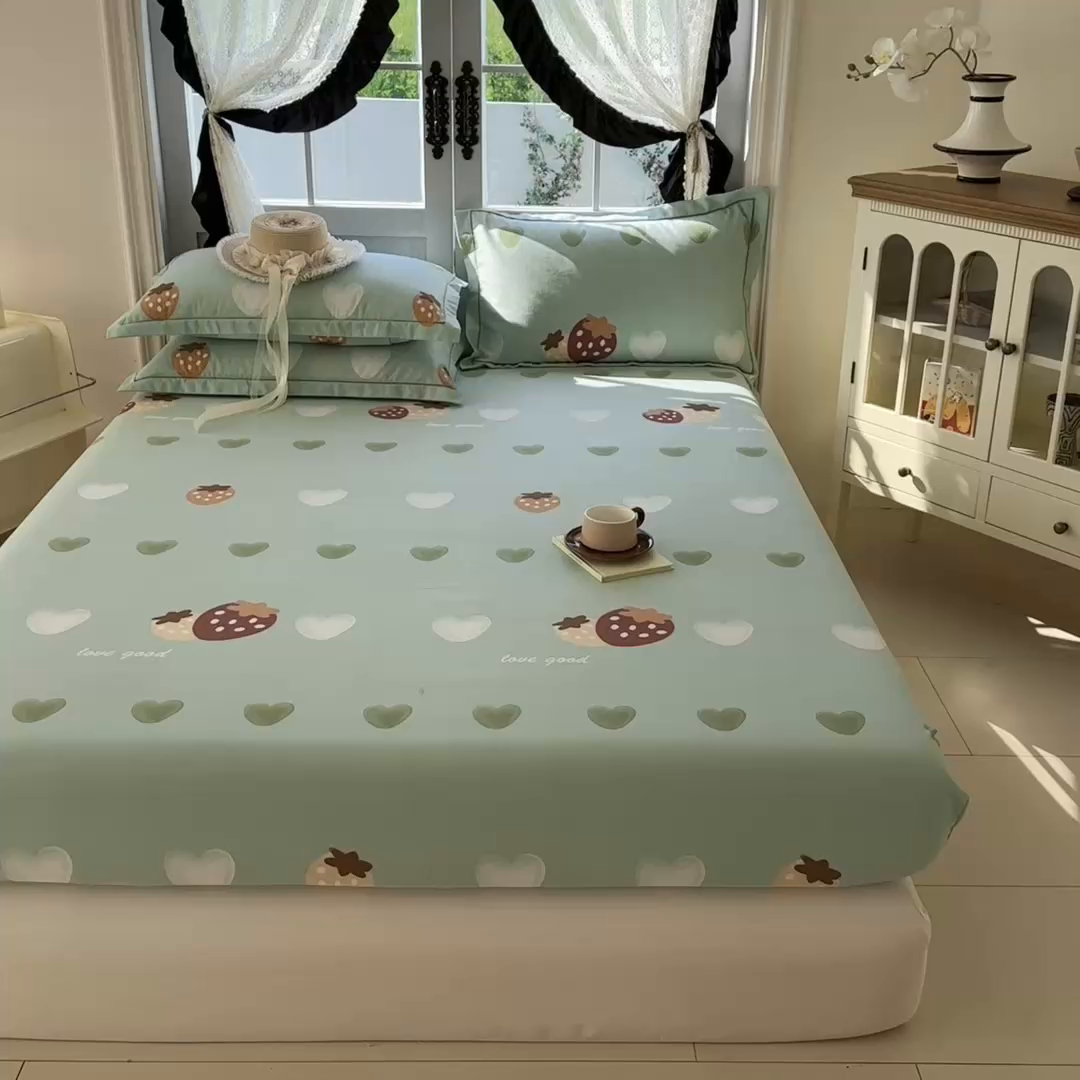 91家纺网 家纺一手货源 找家纺 家贝爱 2025新款加厚生态全棉磨毛床笠 爱心莓