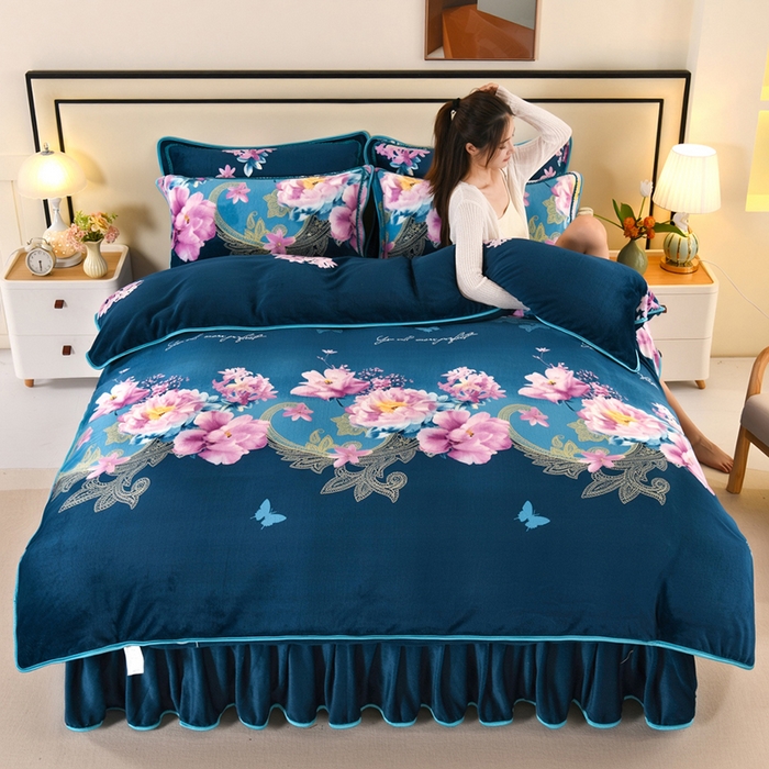 91家纺网 家纺一手货源 找家纺 （总）绒品壹家  2025新款电商直播爆款高克重5斤牛奶绒金貂绒印花床裙款三件套四件套