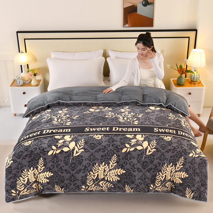 91家纺网 家纺一手货源 找家纺 绒品壹家  2025新款电商直播爆款高克重5斤牛奶绒金貂绒印花床裙款三件套四件套 发财树