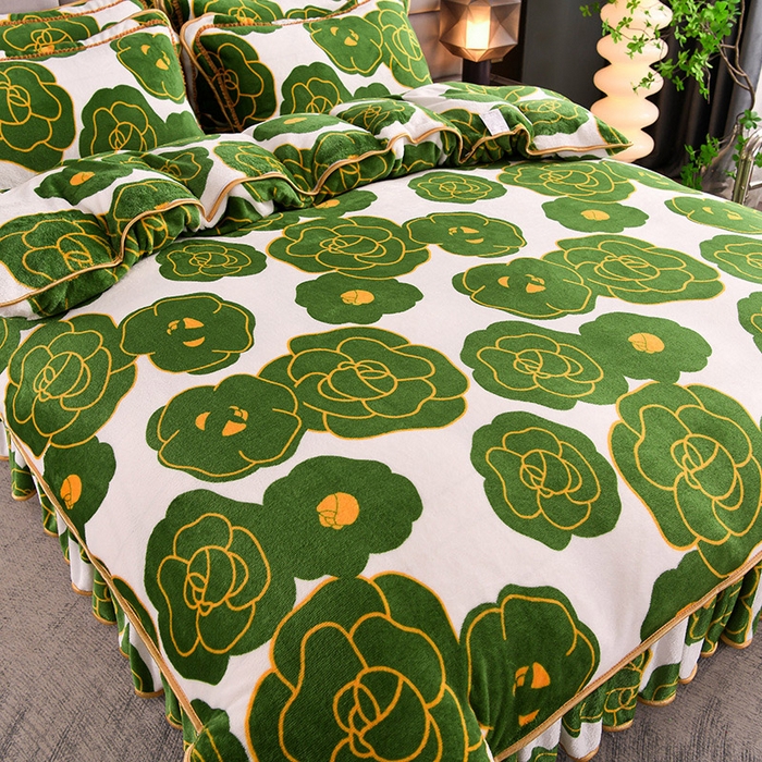 91家纺网 家纺一手货源 找家纺 绒品壹家  2025新款电商直播爆款高克重5斤牛奶绒金貂绒印花床裙款三件套四件套 花花绿绿