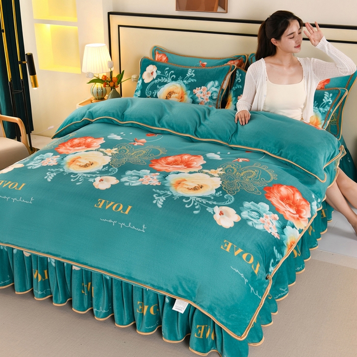 绒品壹家  2025新款电商直播爆款高克重5斤牛奶绒金貂绒印花床裙款三件套四件套 花开富贵