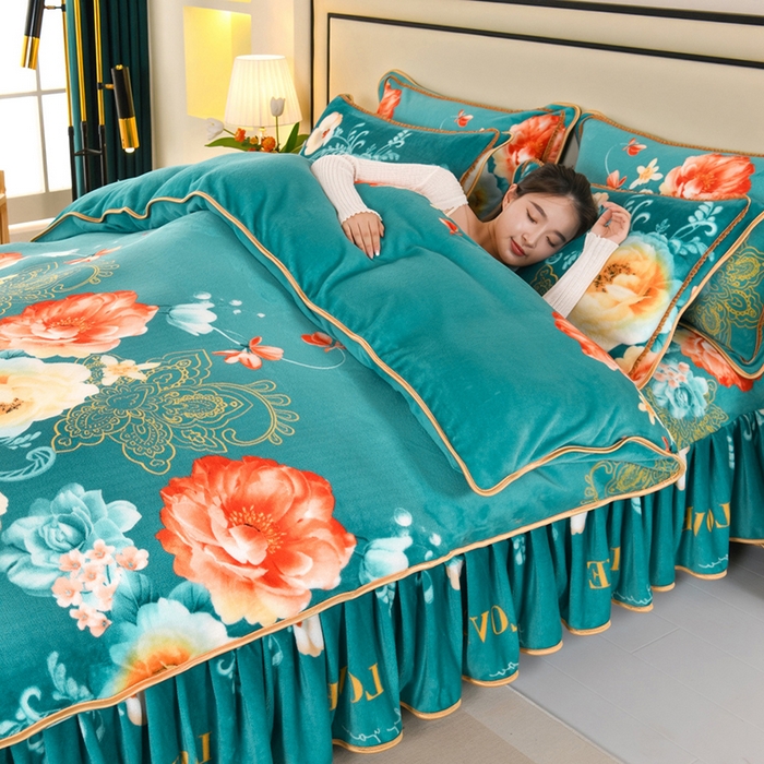 91家纺网 家纺一手货源 找家纺 绒品壹家  2025新款电商直播爆款高克重5斤牛奶绒金貂绒印花床裙款三件套四件套 花开富贵