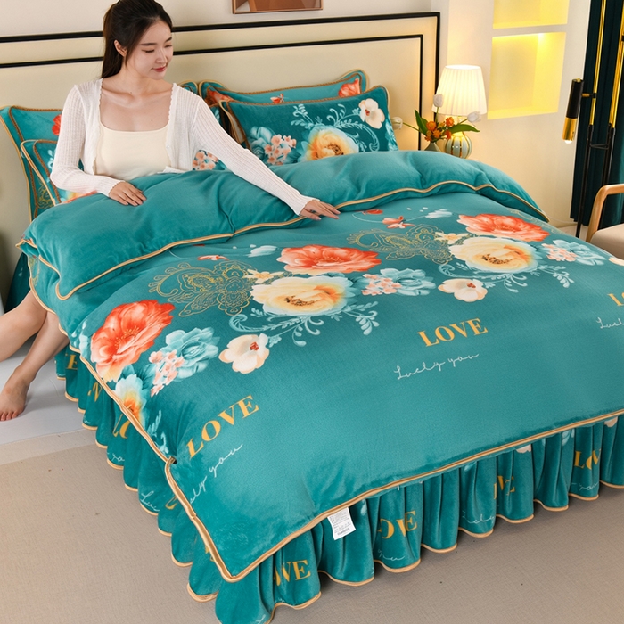 91家纺网 家纺一手货源 找家纺 绒品壹家  2025新款电商直播爆款高克重5斤牛奶绒金貂绒印花床裙款三件套四件套 花开富贵