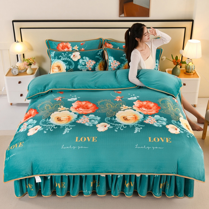 91家纺网 家纺一手货源 找家纺 绒品壹家  2025新款电商直播爆款高克重5斤牛奶绒金貂绒印花床裙款三件套四件套 花开富贵