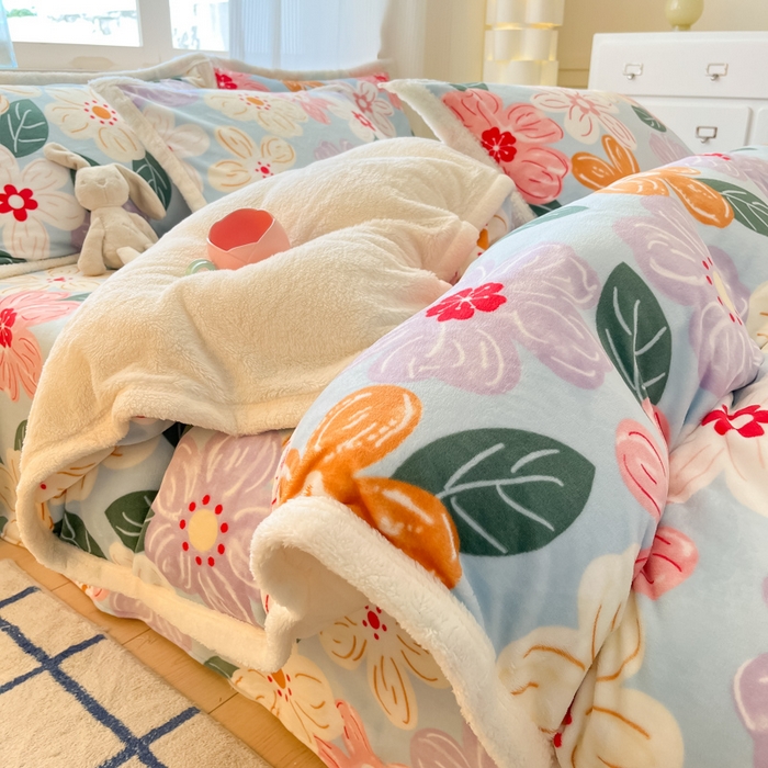 娜朵家纺 2025新款加厚包边羊羔绒印花四件套 花漾