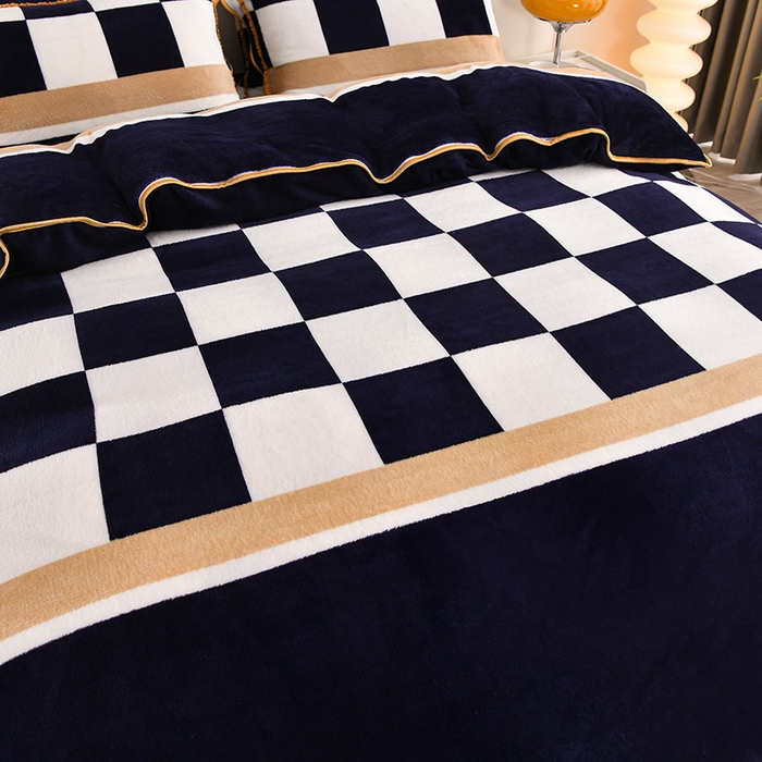 91家纺网 家纺一手货源 找家纺 绒品壹家  2025新款电商直播爆款高克重5斤牛奶绒金貂绒印花床裙款三件套四件套 棋盘格