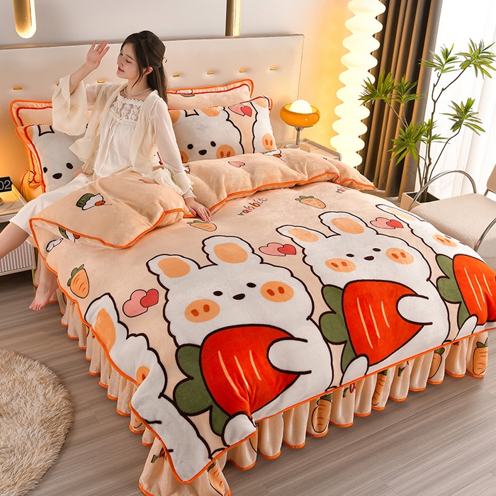 绒品壹家  2025新款电商直播爆款高克重5斤牛奶绒金貂绒印花床裙款三件套四件套 钱兔似锦