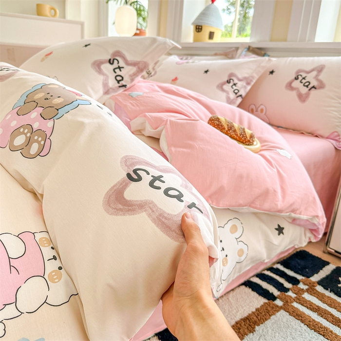 91家纺网 家纺一手货源 找家纺 帛织澜  2025新款全棉喷气12868系列纯棉四件套 星星兔