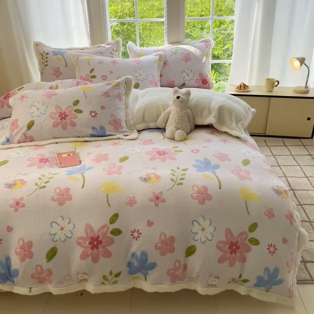 91家纺网 家纺一手货源 找家纺 娜朵家纺 2025新款加厚包边羊羔绒印花四件套 花花世界