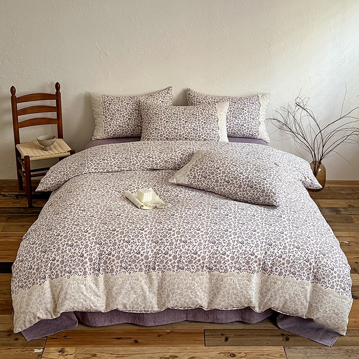 91家纺网 家纺一手货源 找家纺 富米莱（原臻工厂） 2025秋冬新品A类高克重亚麻复古全棉花边侘寂风原麻系列 花予-紫