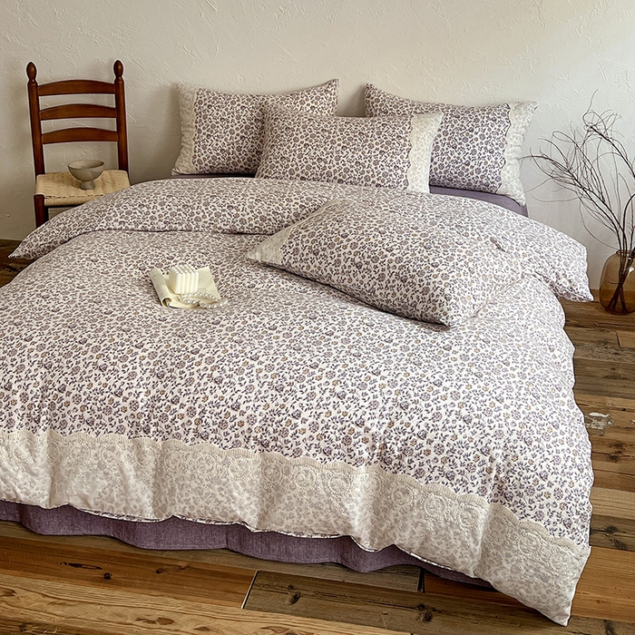 91家纺网 家纺一手货源 找家纺 富米莱（原臻工厂） 2025秋冬新品A类高克重亚麻复古全棉花边侘寂风原麻系列 花予-紫