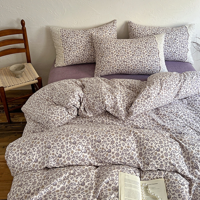 91家纺网 家纺一手货源 找家纺 富米莱（原臻工厂） 2025秋冬新品A类高克重亚麻复古全棉花边侘寂风原麻系列 花予-紫