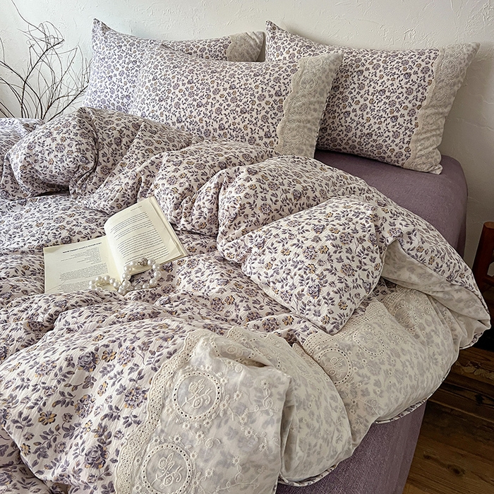 91家纺网 家纺一手货源 找家纺 富米莱（原臻工厂） 2025秋冬新品A类高克重亚麻复古全棉花边侘寂风原麻系列 花予-紫