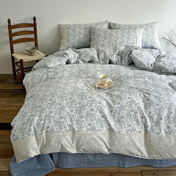 91家纺网 家纺一手货源 找家纺 富米莱（原臻工厂） 2025秋冬新品A类高克重亚麻复古全棉花边侘寂风原麻系列 卡曼-蓝