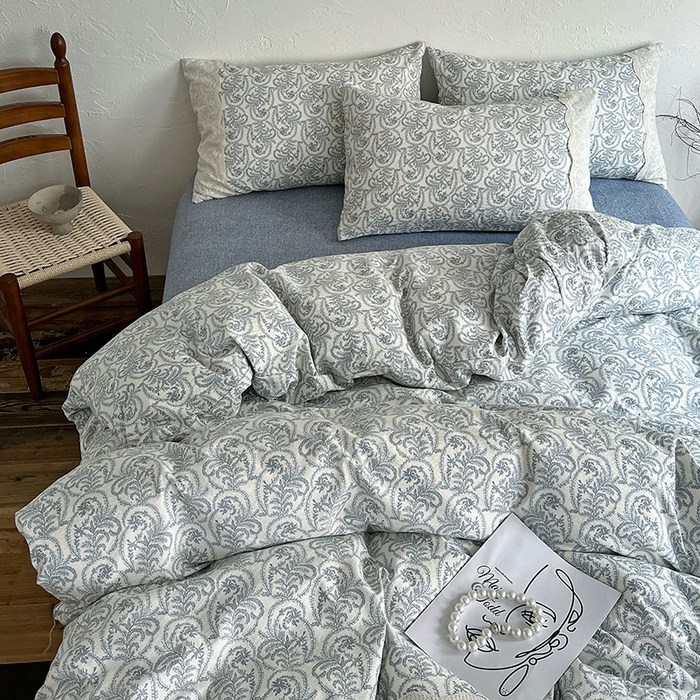 91家纺网 家纺一手货源 找家纺 富米莱（原臻工厂） 2025秋冬新品A类高克重亚麻复古全棉花边侘寂风原麻系列 卡曼-蓝