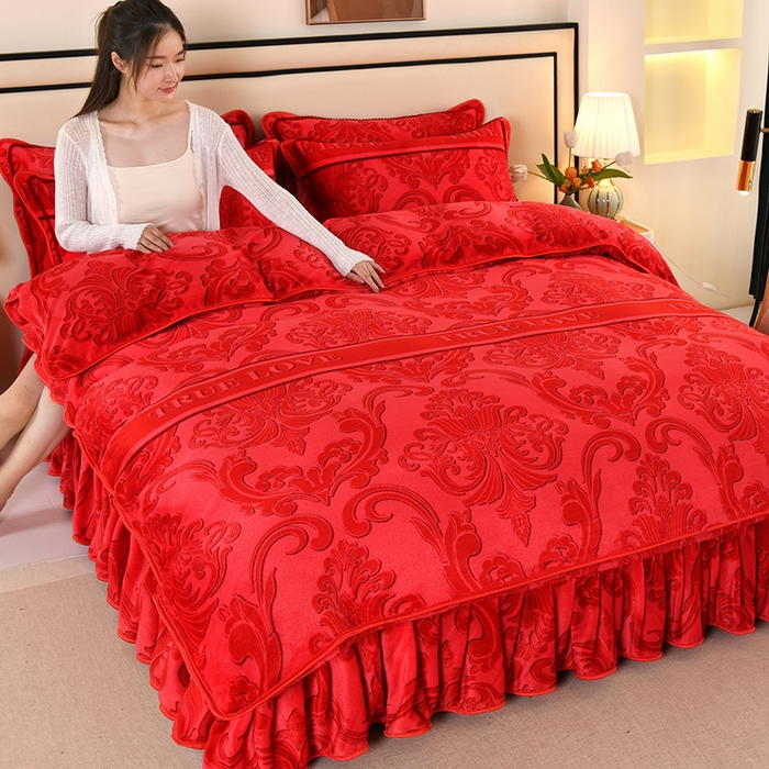 绒品壹家  2025新款电商直播爆款高克重5斤牛奶绒金貂绒印花床裙款三件套四件套 幸福满园