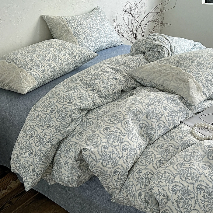 91家纺网 家纺一手货源 找家纺 富米莱（原臻工厂） 2025秋冬新品A类高克重亚麻复古全棉花边侘寂风原麻系列 卡曼-蓝