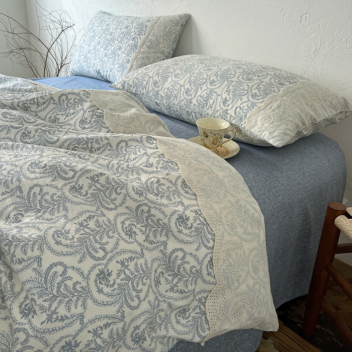 91家纺网 家纺一手货源 找家纺 富米莱（原臻工厂） 2025秋冬新品A类高克重亚麻复古全棉花边侘寂风原麻系列 卡曼-蓝