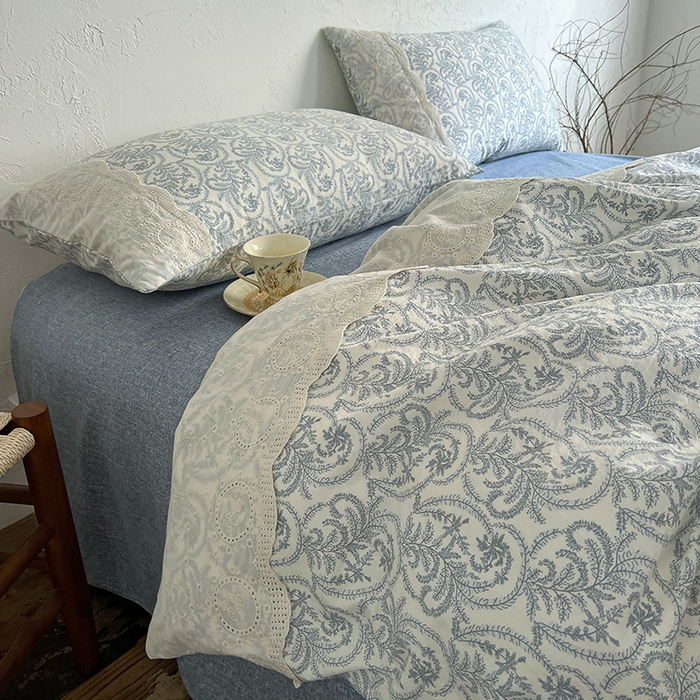 91家纺网 家纺一手货源 找家纺 富米莱（原臻工厂） 2025秋冬新品A类高克重亚麻复古全棉花边侘寂风原麻系列 卡曼-蓝