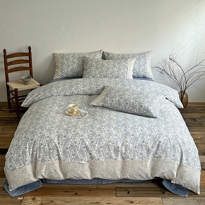 91家纺网 家纺一手货源 找家纺 富米莱（原臻工厂） 2025秋冬新品A类高克重亚麻复古全棉花边侘寂风原麻系列 卡曼-蓝