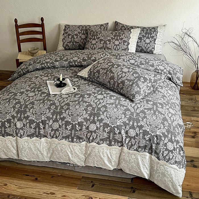 91家纺网 家纺一手货源 找家纺 富米莱（原臻工厂） 2025秋冬新品A类高克重亚麻复古全棉花边侘寂风原麻系列 墨染青筠-灰