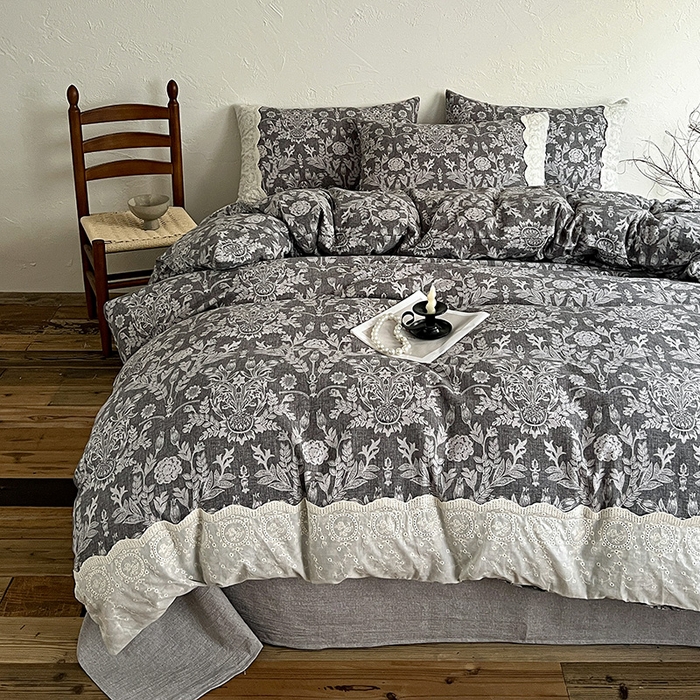 91家纺网 家纺一手货源 找家纺 富米莱（原臻工厂） 2025秋冬新品A类高克重亚麻复古全棉花边侘寂风原麻系列 墨染青筠-灰