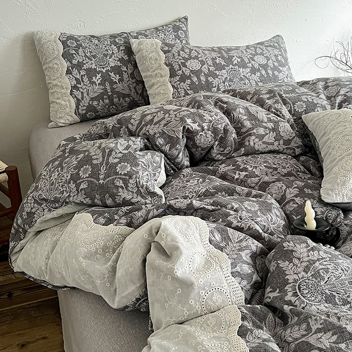 91家纺网 家纺一手货源 找家纺 富米莱（原臻工厂） 2025秋冬新品A类高克重亚麻复古全棉花边侘寂风原麻系列 墨染青筠-灰