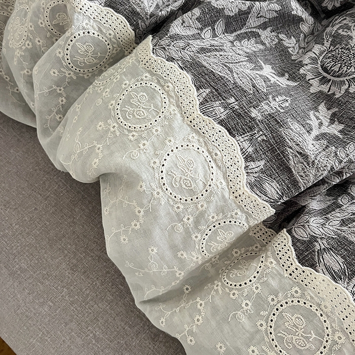 91家纺网 家纺一手货源 找家纺 富米莱（原臻工厂） 2025秋冬新品A类高克重亚麻复古全棉花边侘寂风原麻系列 墨染青筠-灰