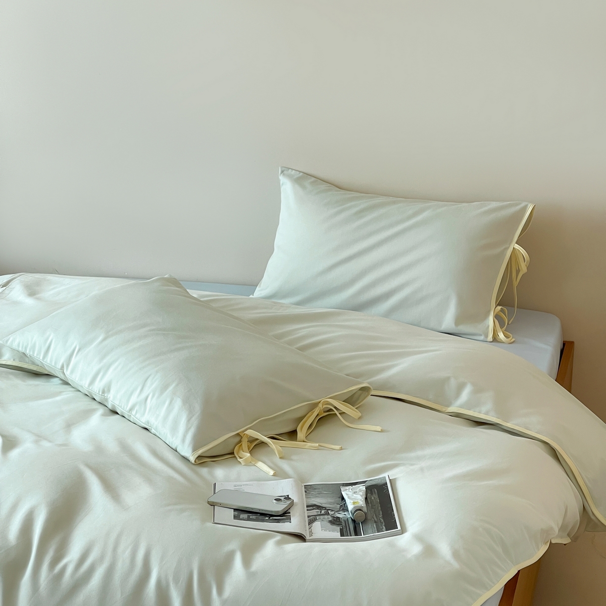 91家纺网 家纺一手货源 找家纺 尺素 2025新款纯色纯棉简约韩式ins风四件套民宿风全棉被套棉床单双人被套加大床单1.8纯色床笠 薄荷-浅蓝