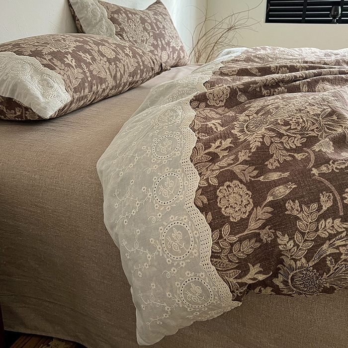 91家纺网 家纺一手货源 找家纺 富米莱（原臻工厂） 2025秋冬新品A类高克重亚麻复古全棉花边侘寂风原麻系列 墨染青筠-咖